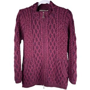 Aran Crafts Wool womens small purple pink double collar knit cardigan sweater